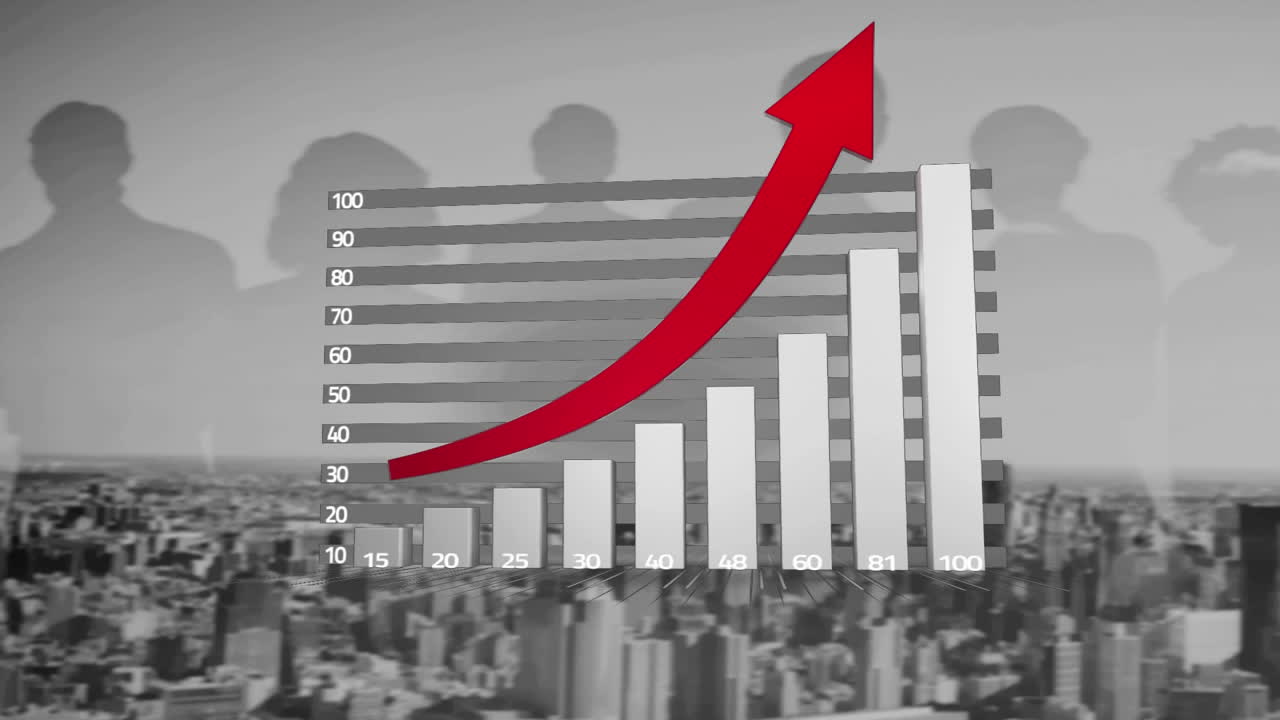 Statistische Datenverarbeitung über einer Stadtlandschaft vor der Silhouette mehrerer Geschäftsleute