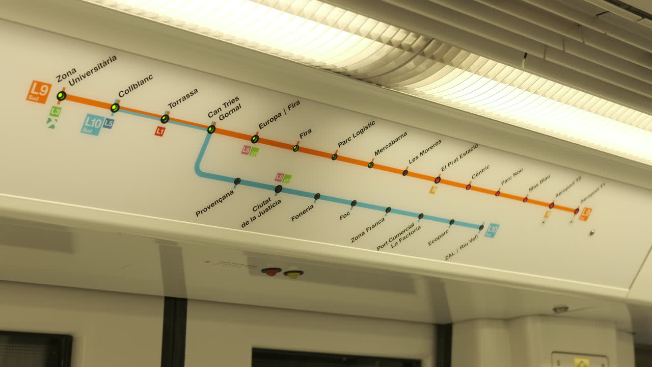 Metro map itinerary with next station indicator above entrance doors. Barcelona, Spain