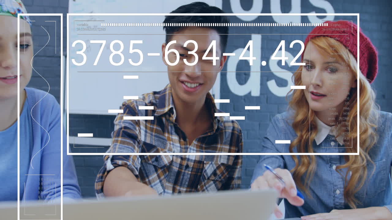 Animation of interface with data processing against team of diverse colleagues discussing at office