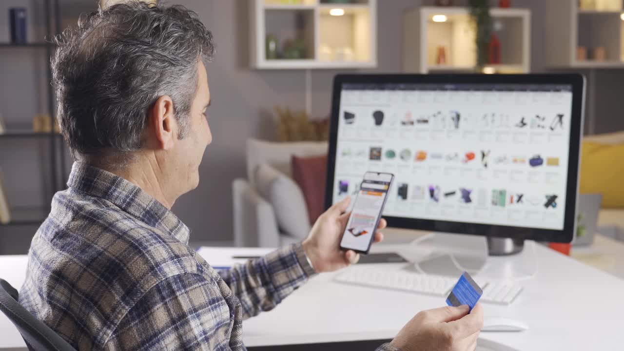 su hombre está comprando en línea en casa. adicción a las compras.