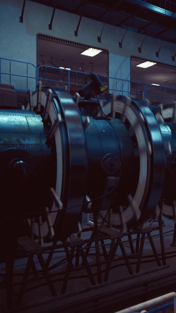 A large engine part takes center stage in a dimly lit workshop
