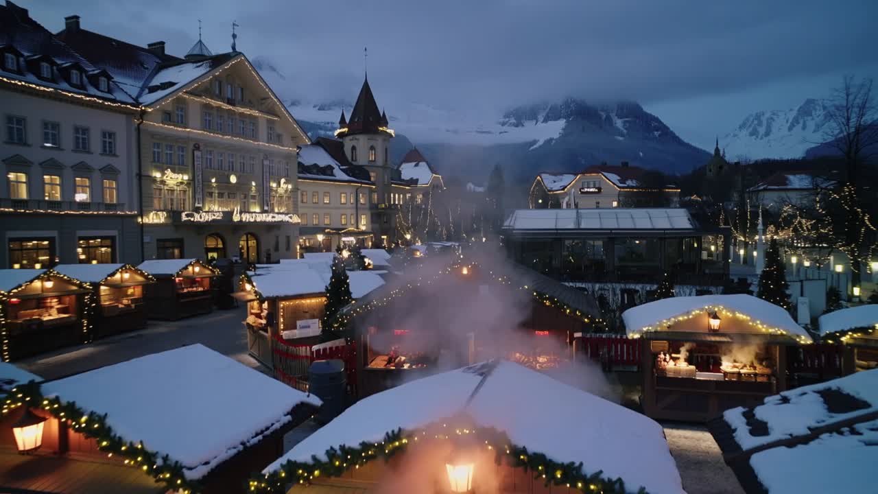 Steam drifting from stall chimney sending camera pulling back, panning across alpine holiday market