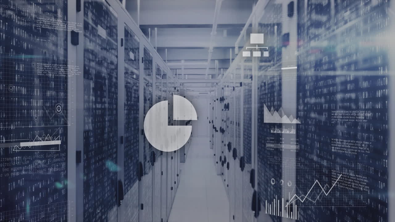 Data processing and analytics animation over server racks in data center