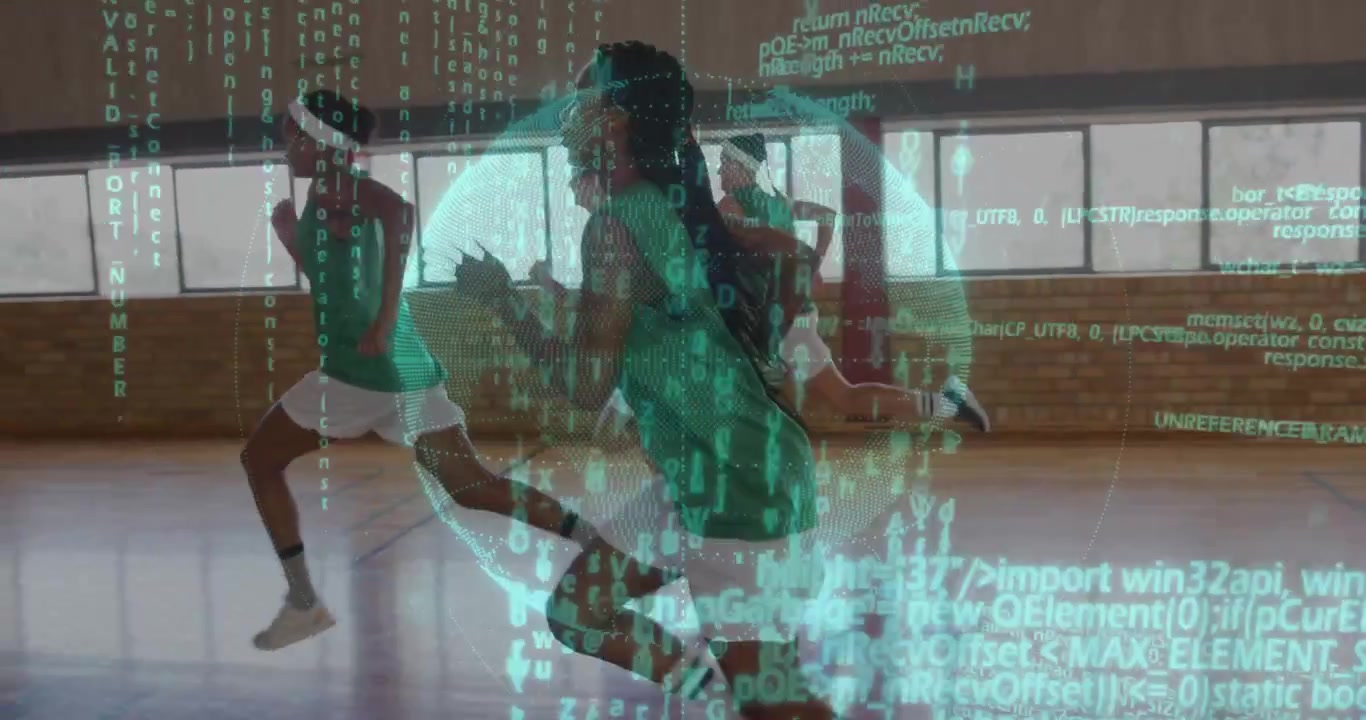 On drill start, women athletes sprinting on court, sports hologram and code overlaying performance