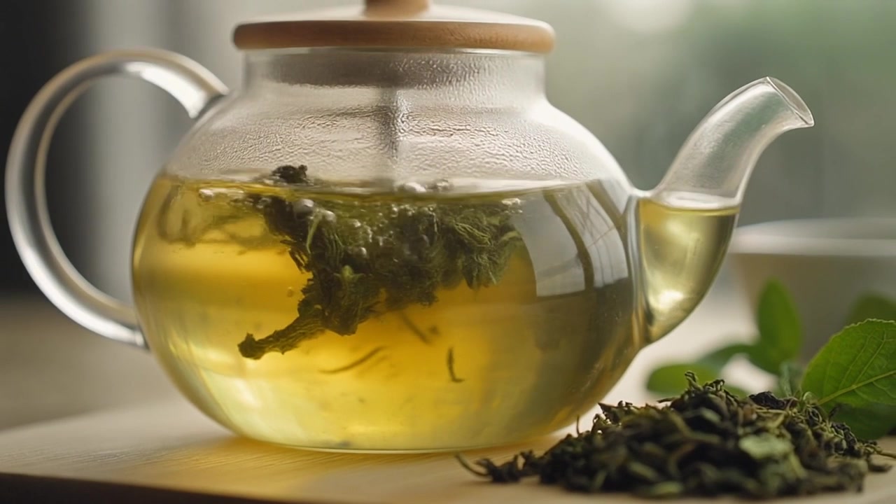 Mano che mescola foglie di tè verde in una teiera di vetro