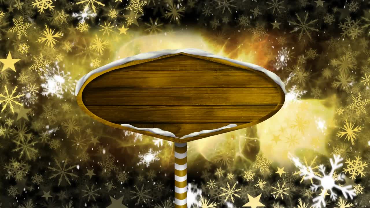 Snow falling and wooden sign board