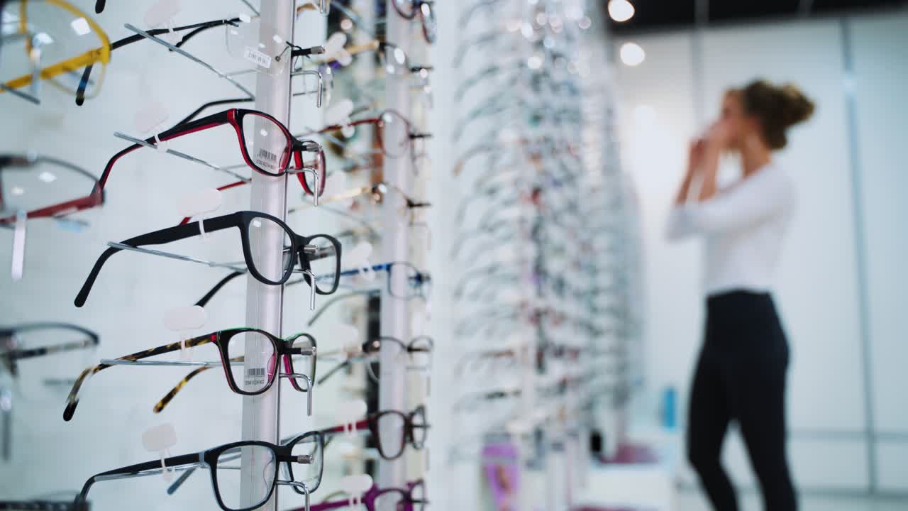 Woman choosing glasses. Young woman trying glasses in optician