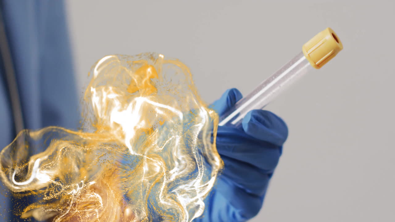 Holding test tube with swirling golden light animation, gloved hand in lab