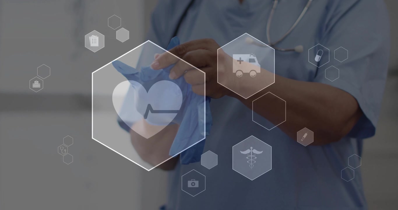 Profissional de Saúde Colocando Luvas de Proteção com Interface Médica Digital