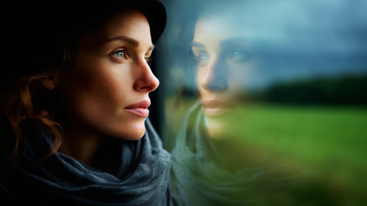 A contemplative woman gazes thoughtfully out of a window, her reflection merging with a serene landscape, embodying introspection and the beauty of quiet moments