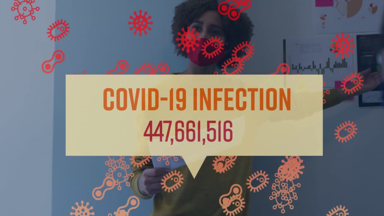 animation von covid-19 text und zellen über frau im büro, die eine präsentation hält und eine gesichtsmaske trägt