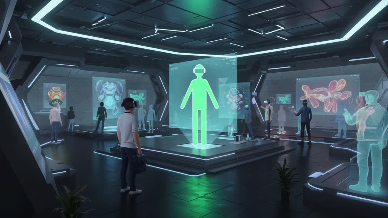 Exploring the Future: A High-Tech Virtual Reality Exhibition Showcasing Interactive Holograms and Immersive Experiences in a Modern Digital Environment