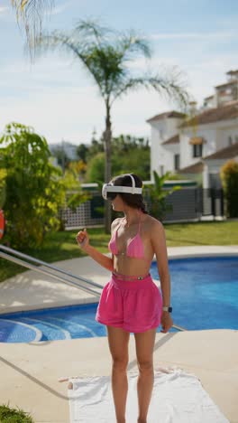 woman wearing vr headset at swimming pool