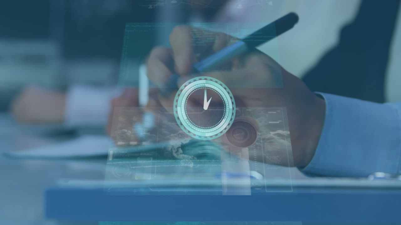 Animation of clock and data processing over diverse business people