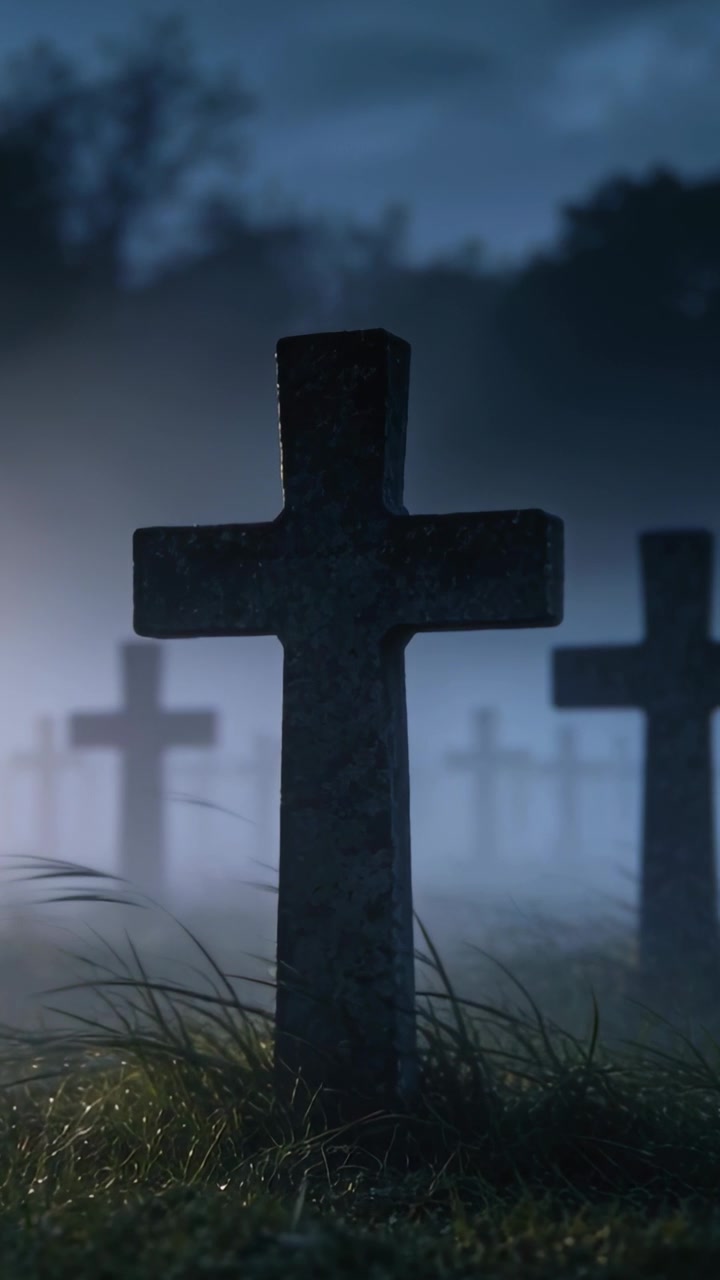 Video verticale: Telecamera che si avvicina a una croce in un cimitero nebbioso, evidenziando la croce centrale