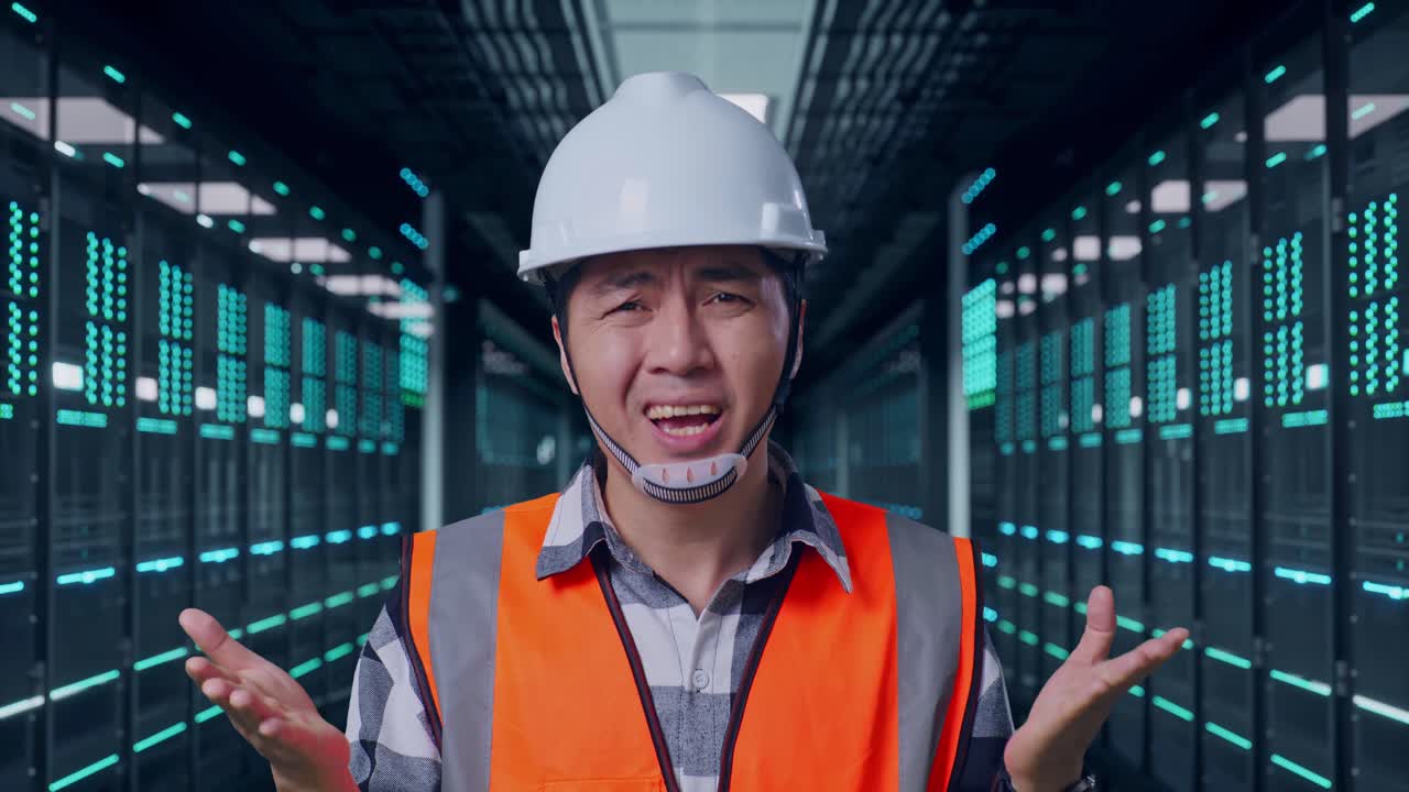 Nahaufnahme eines nachdenklichen asiatischen Ingenieurs mit Schutzhelm, der in einem Serverraum zweifelnd „Warum?“ sagt.
