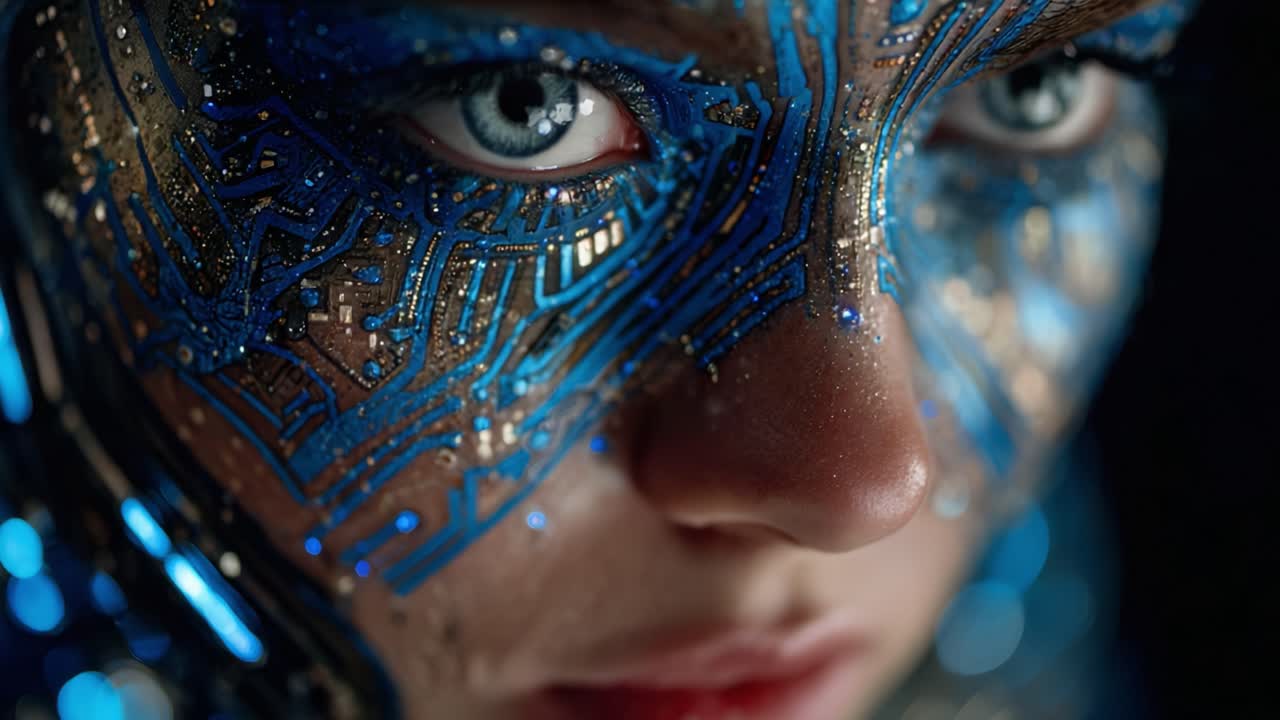A Close-Up of an Artistic Makeup Design Featuring Intricate Circuit Patterns and Blue Accents, Highlighting the Fusion of Technology and Beauty