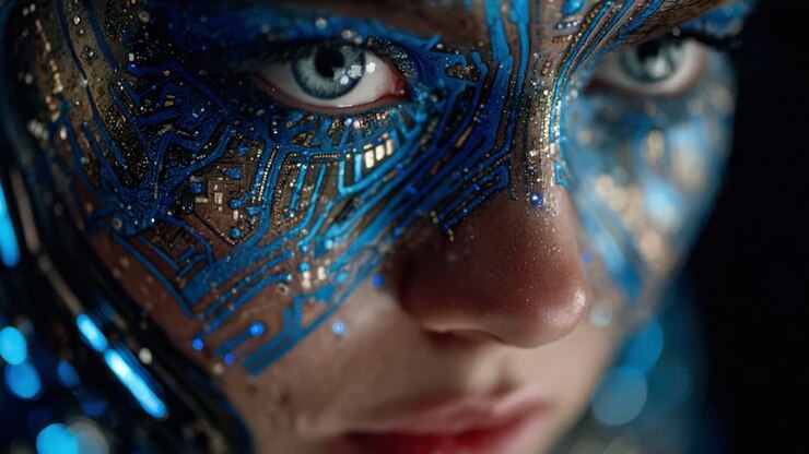 A Close-Up of an Artistic Makeup Design Featuring Intricate Circuit Patterns and Blue Accents, Highlighting the Fusion of Technology and Beauty