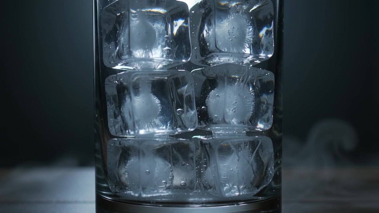 Bicchiere cilindrico di vetro che trasuda condensa mentre le luci dello studio riscaldano la superficie del tavolo, con sei cubetti di ghiaccio