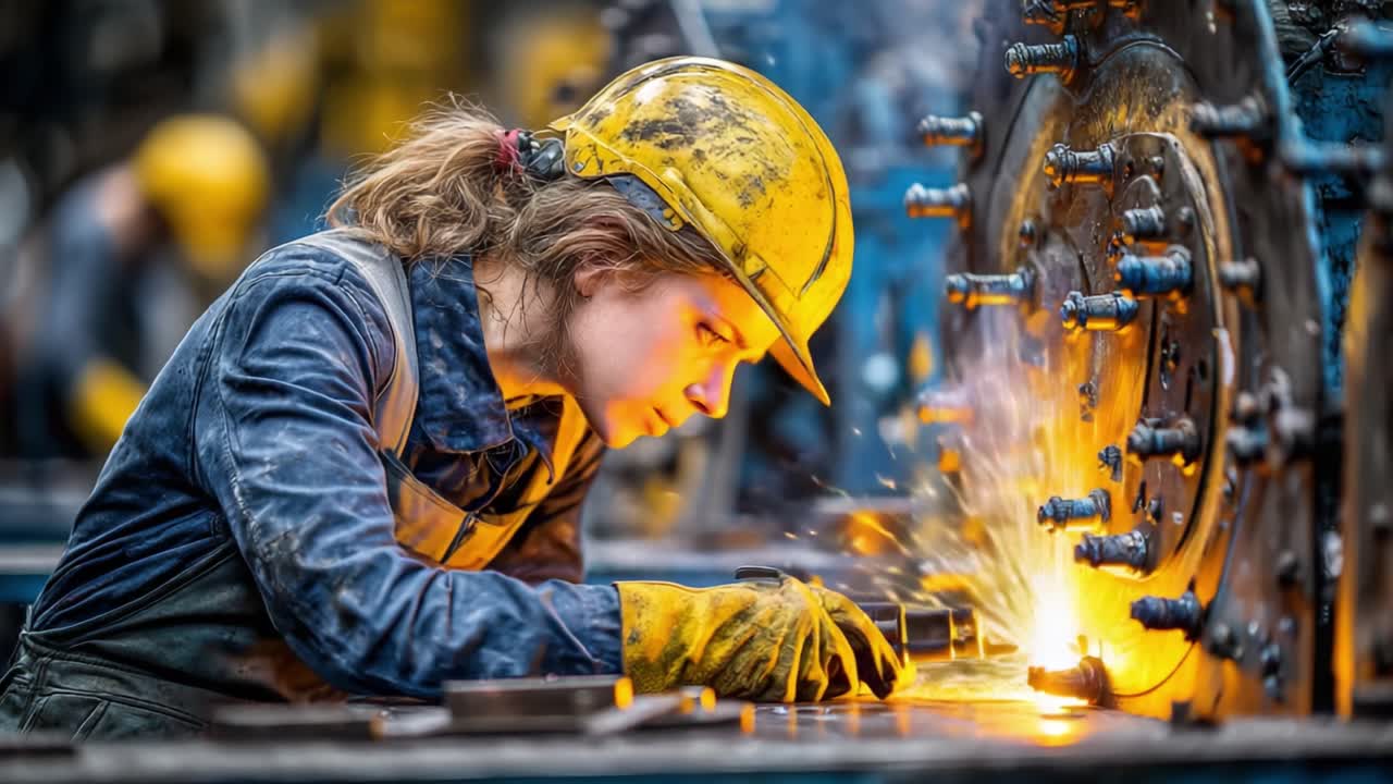En dedikert arbeider betjener dyktig et sveiseverktøy, og skaper presist metallarbeid med fokusert intensitet og sikkerhet i et dynamisk industrimiljø