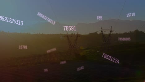 animación del procesamiento de datos financieros y cambio de números contra torres de red en pastizales.