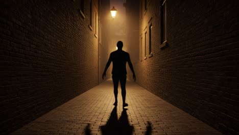 a solitary figure stands in a narrow, dimly lit alley, casting a long shadow on the cobblestone path, immersing the scene in an atmosphere of mystery and intrigue
