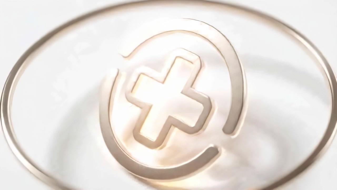 Rotating hollow-cross emblem tilting on white base, warm glow intensifying and showing rim caustics