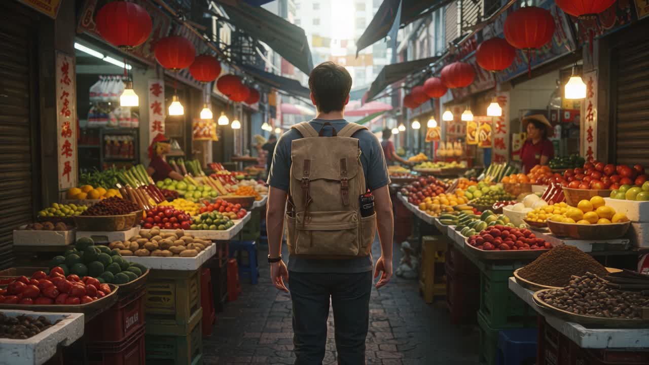 A Vivid Journey Through a Bustling Street Market Filled with Fresh Produce, Vibrant Colors, and Traditional Lanterns Capturing the Essence of Local Culture