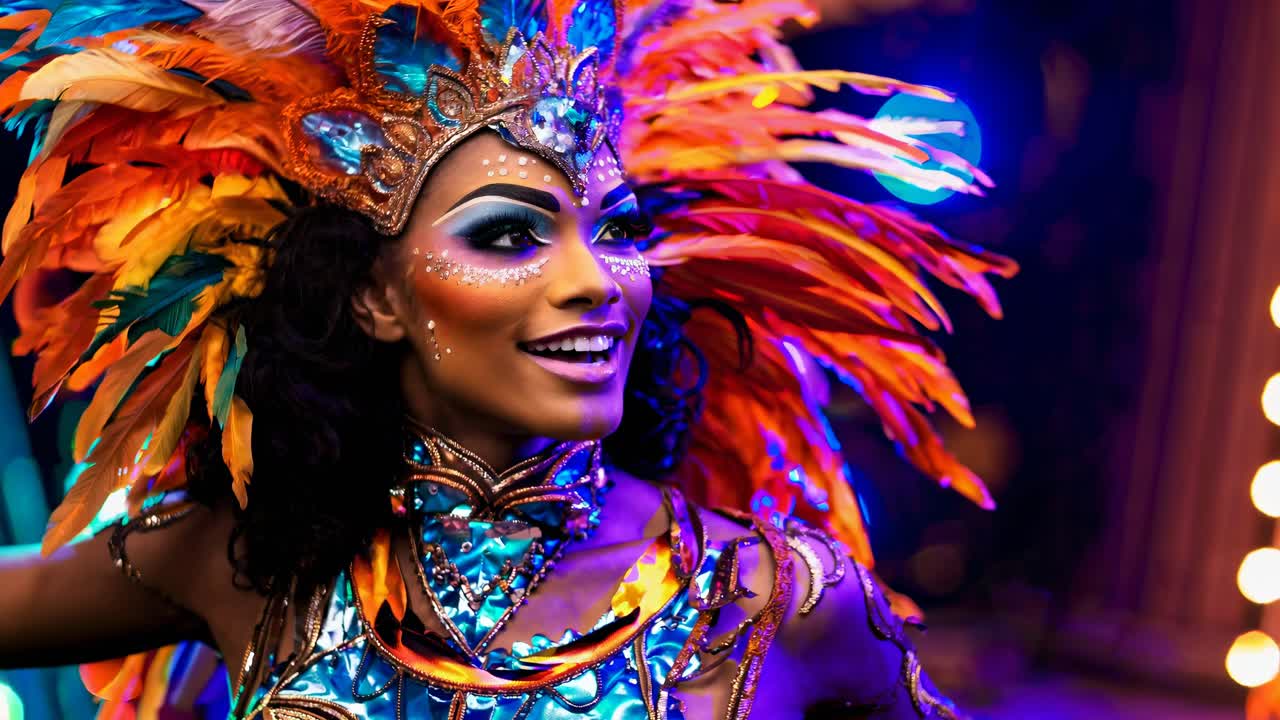 Renkli tüylü kostümlü, canlı bir karnaval dansçısı, dinamik yakın çekim açısıyla yakalanmış, kusursuz bir görüntü.