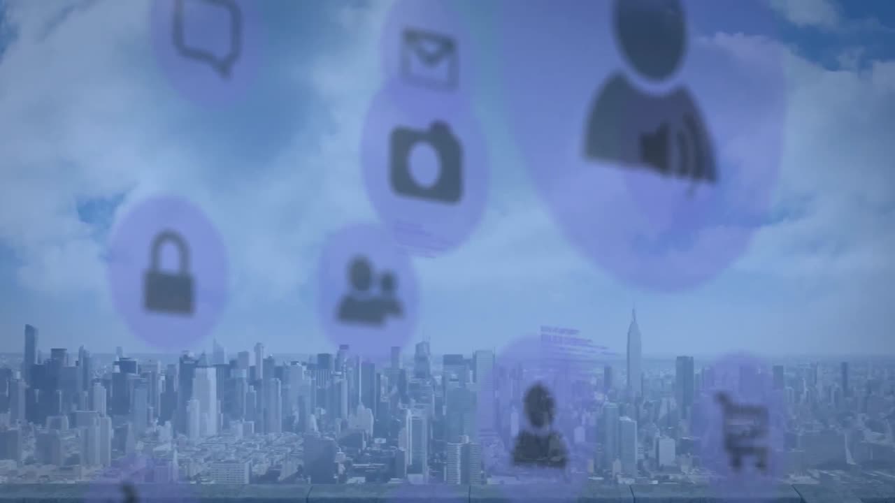 여러 디지털 아이콘의 애니메이션과 도시 풍경의 공중 전망에 대한 데이터 처리