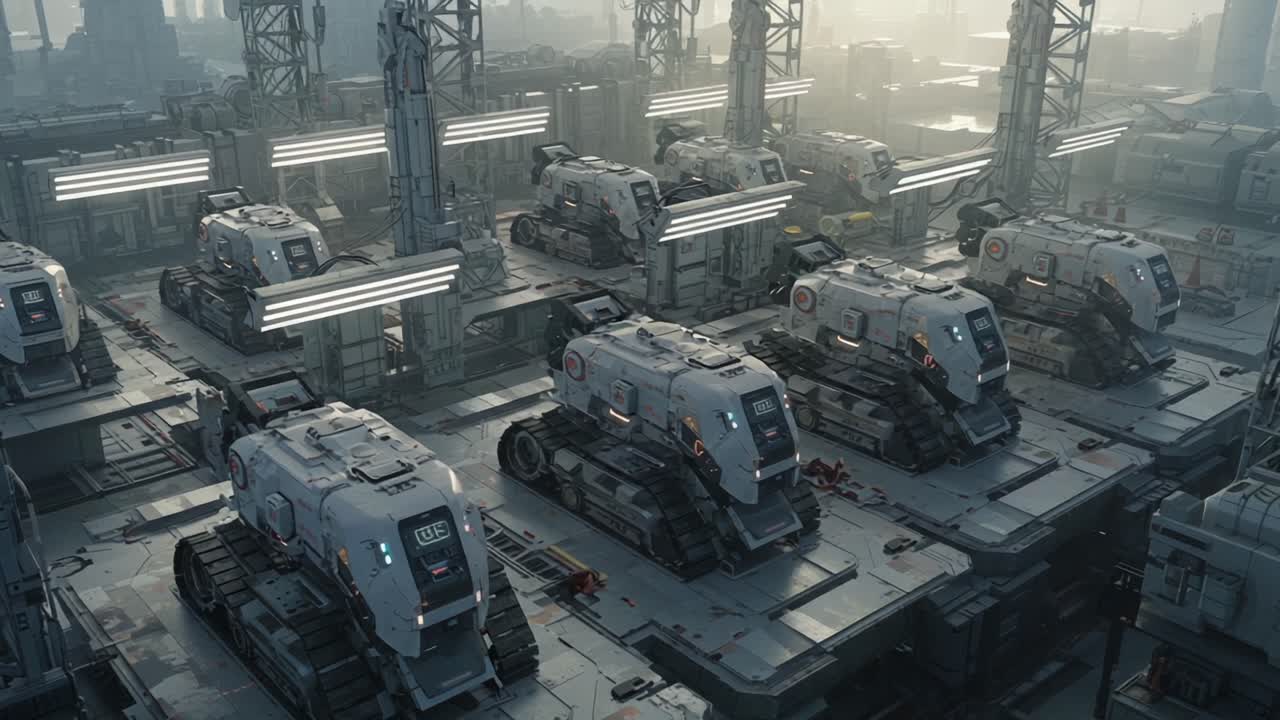 Futuristic Industrial Scene Featuring Advanced Robotics: A Series of Autonomous Vehicles in a High-Tech Facility with Sleek Designs and Modern Architecture