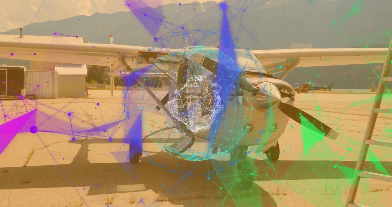 Líneas de red trazando la nariz de un avión después de formas que se desvanecen, nodos formando una esfera que ilustra una red.