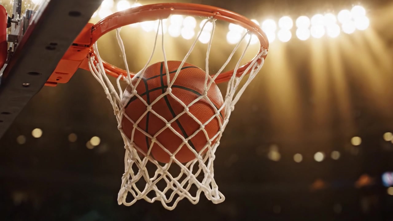 Momentos Cautivadores de un Aro de Baloncesto Iluminado por Brillantes Luces de Arena, Simbolizando la Intensidad y Emoción del Juego Competitivo.