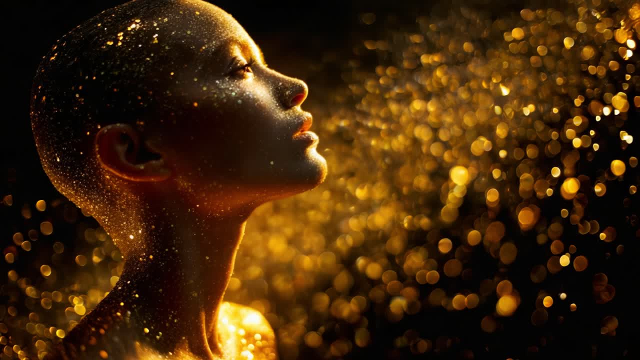 A mesmerizing figure adorned with shimmering golden particles, capturing the ethereal beauty of light and texture in an artistic representation, highlighting both the delicate features and the intricate details of the glittering effects