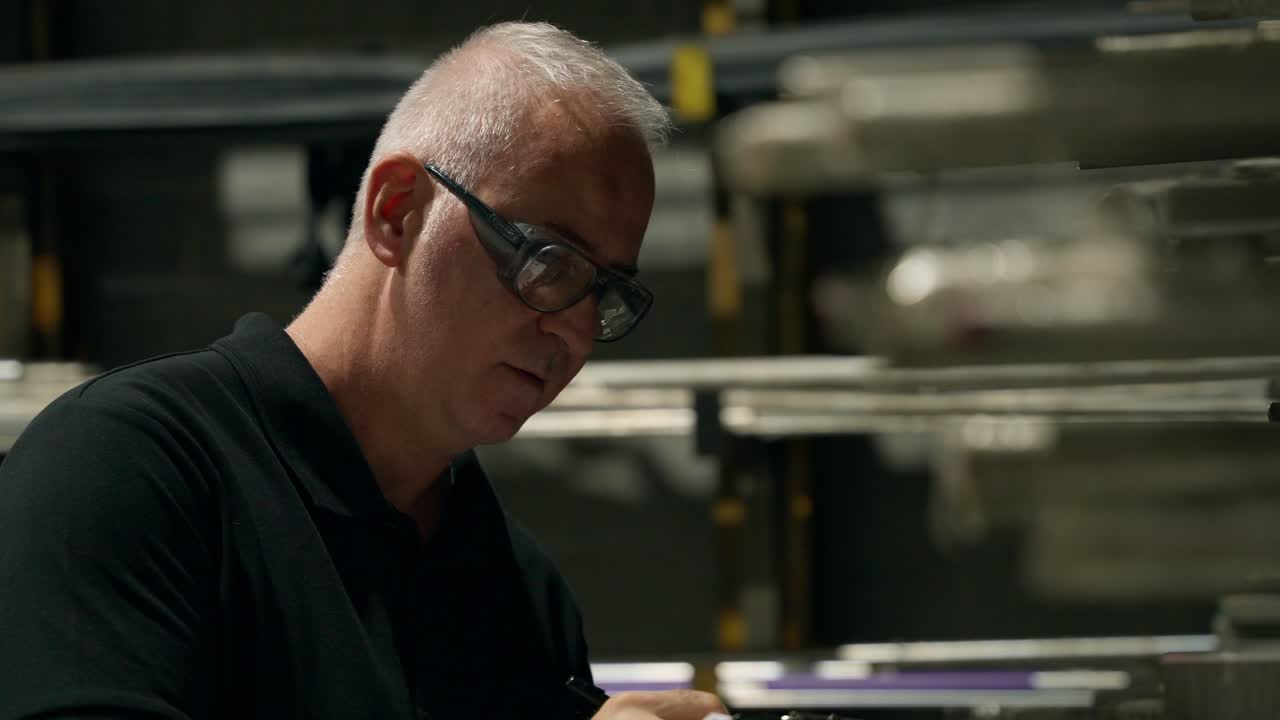 Man in safety glasses in a warehouse