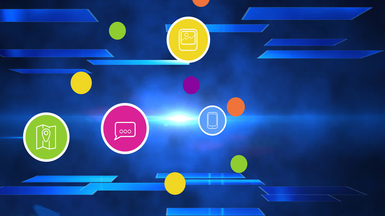 animación de iconos digitales sobre un fondo azul