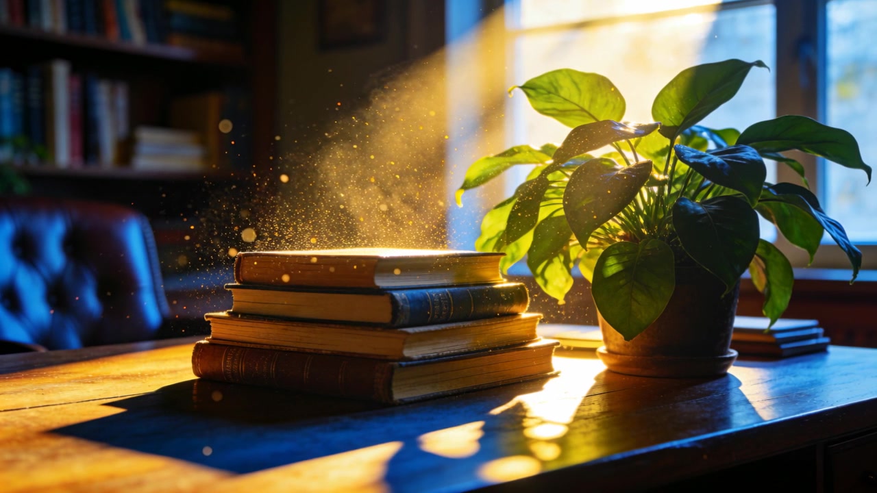 Bathing stack hardcovers and potted plant on wood table, sunbeam from right window, dust drifting