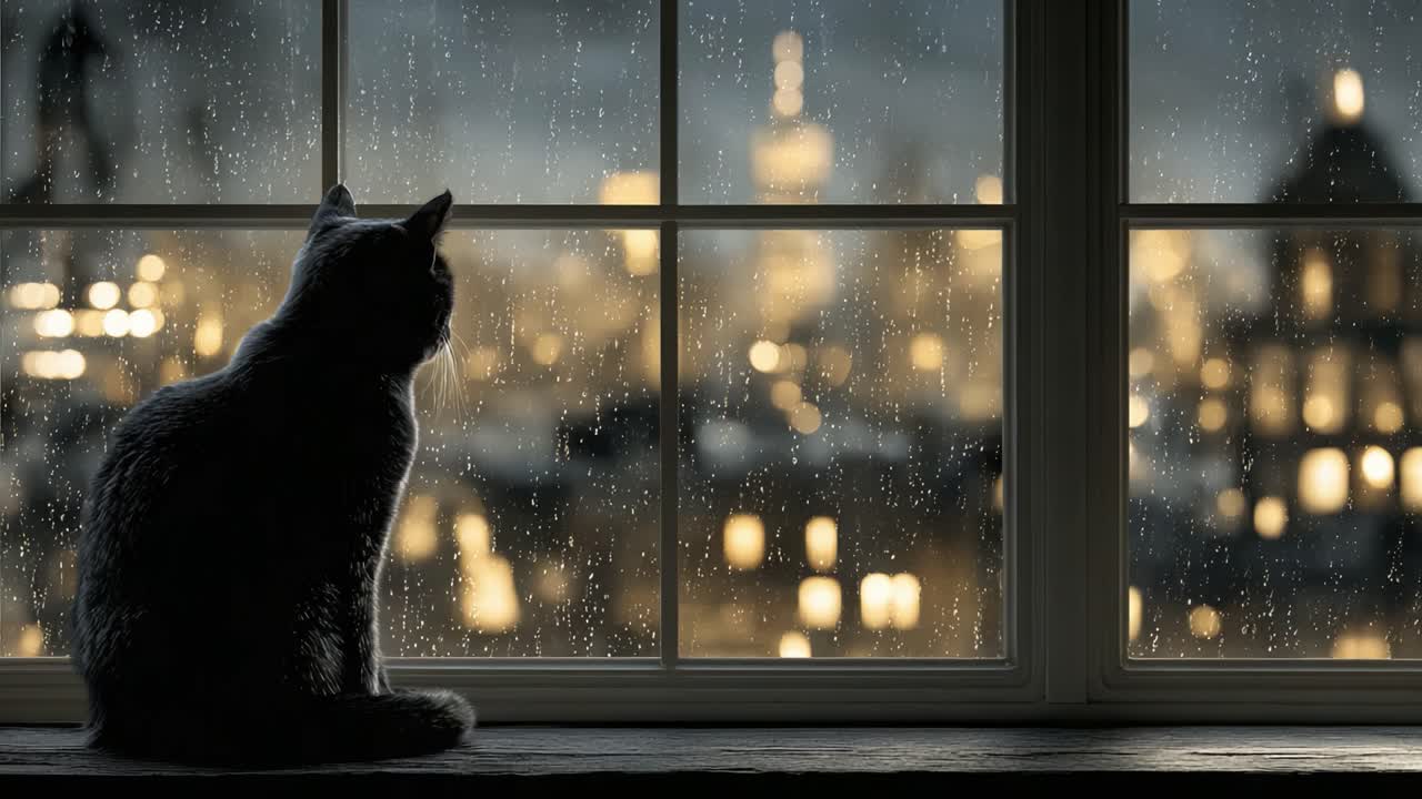 A contemplative feline gazes through a rain-streaked window, observing the glimmering city lights as night falls, embodying serenity and solitude in urban living