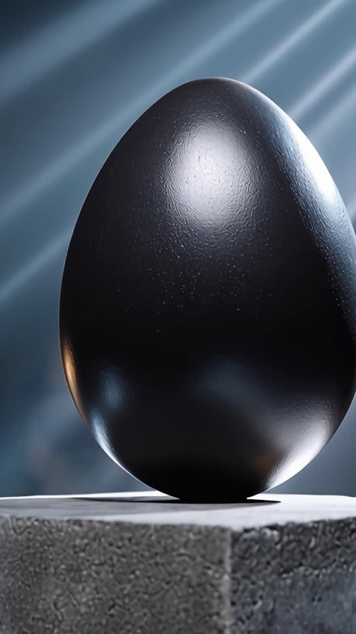 A Glimmering Black Egg Stands Proudly on a Stone Pedestal, Illuminated by Radiant Beams of Light That Highlight Its Unique Texture and Glossy Finish
