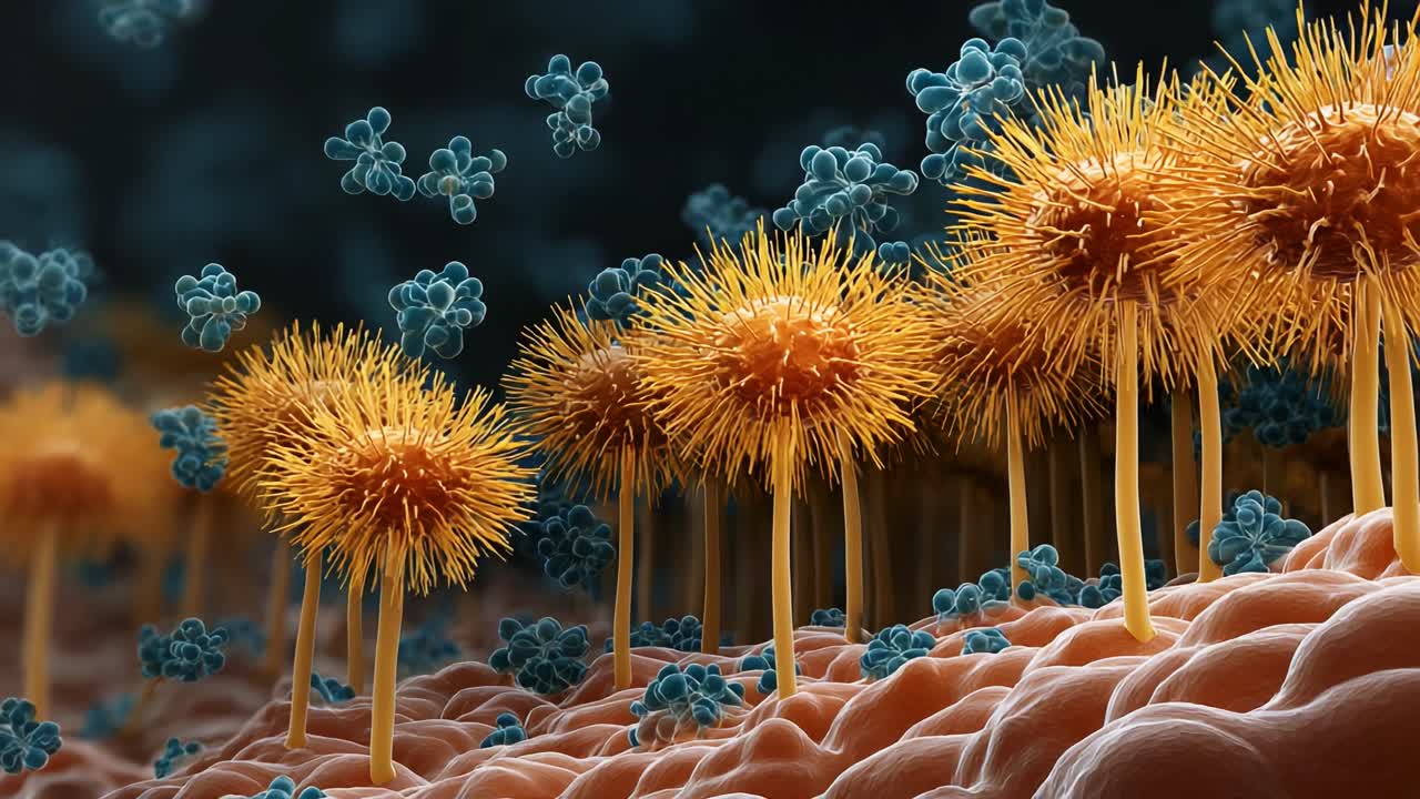 A Microscopic View of Colorful Bacteria and Microorganisms: Vibrant Fungal Structures Amongst Bacterial Colonies, Showcasing Nature's Intricacies and Complex Ecosystems
