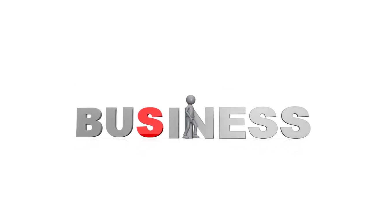 Uomo 3D che sistema la parola "business".
