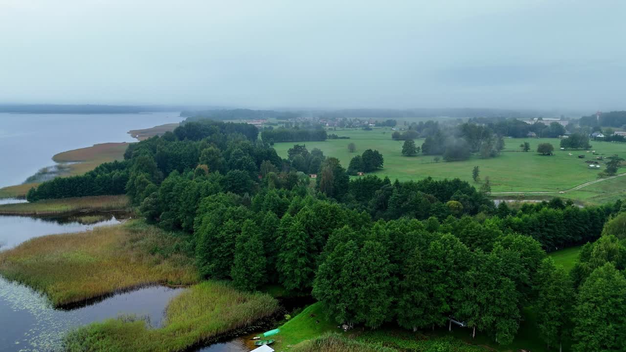 Drone push in shot revealing extensive reed beds, dense tree line and lakeshore in the foreground, with open field and scattered rural buildings further inland near Usma Lake in Kurzeme