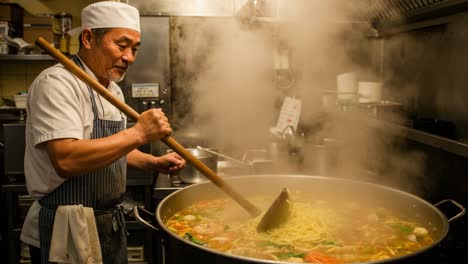 a skilled chef stirring delicious noodle soup in a steamy restaurant kitchen, creating a flavorful dish with fresh ingredients and culinary expertise