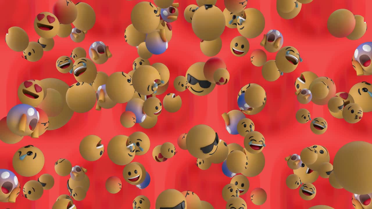 animación de iconos emoji flotando sobre un fondo rojo