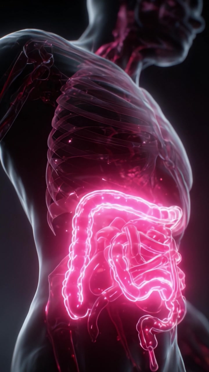 A Stunning Visual Representation of the Human Digestive System Highlighting the Detailed Anatomy of the Intestines and Stomach in a Neon Glow