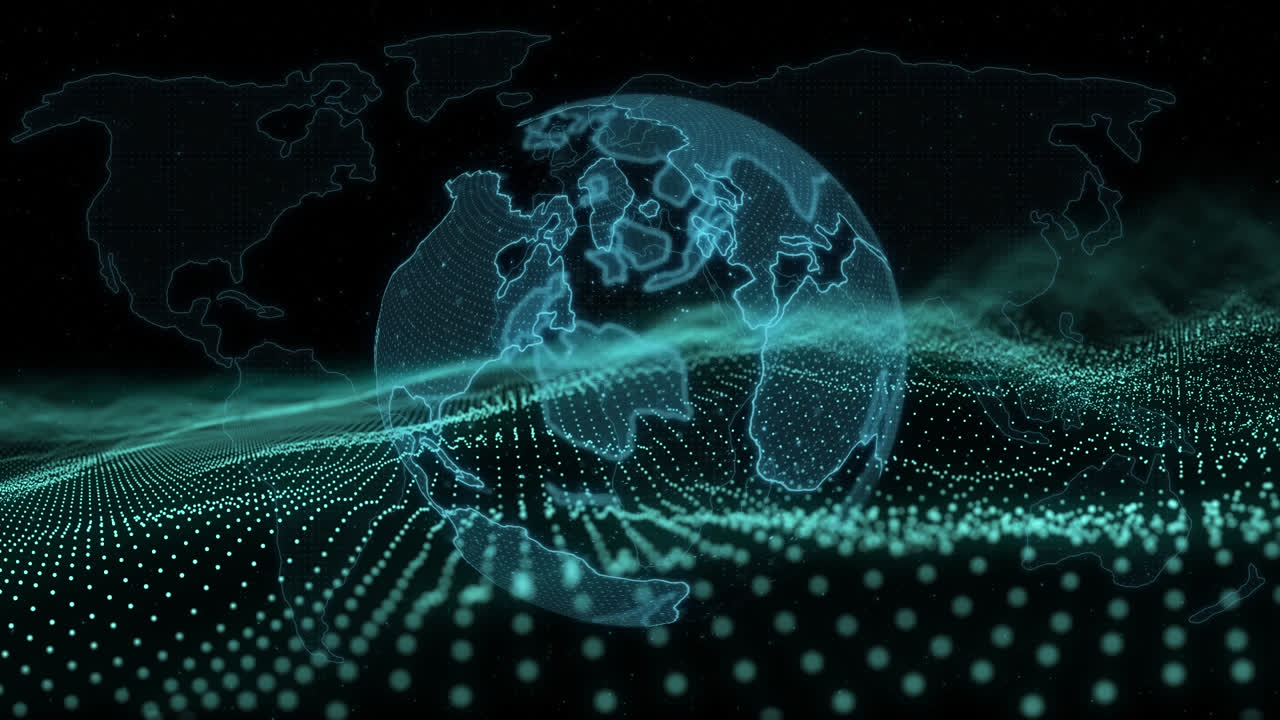 Animation of rotating globe and green glitter on black background