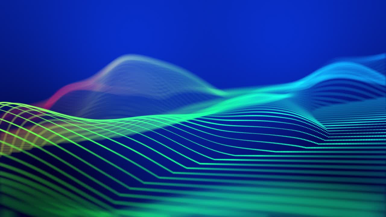 하이테크 정보 흐름의 개념, 블록체인, 빛나는 입자가 복잡한 구조를 형성하는 하이 테크 bg, 3d 루프 공상과학 bg 디지털 공간, 입자가 선과 표면 파동을 형성하는 bg