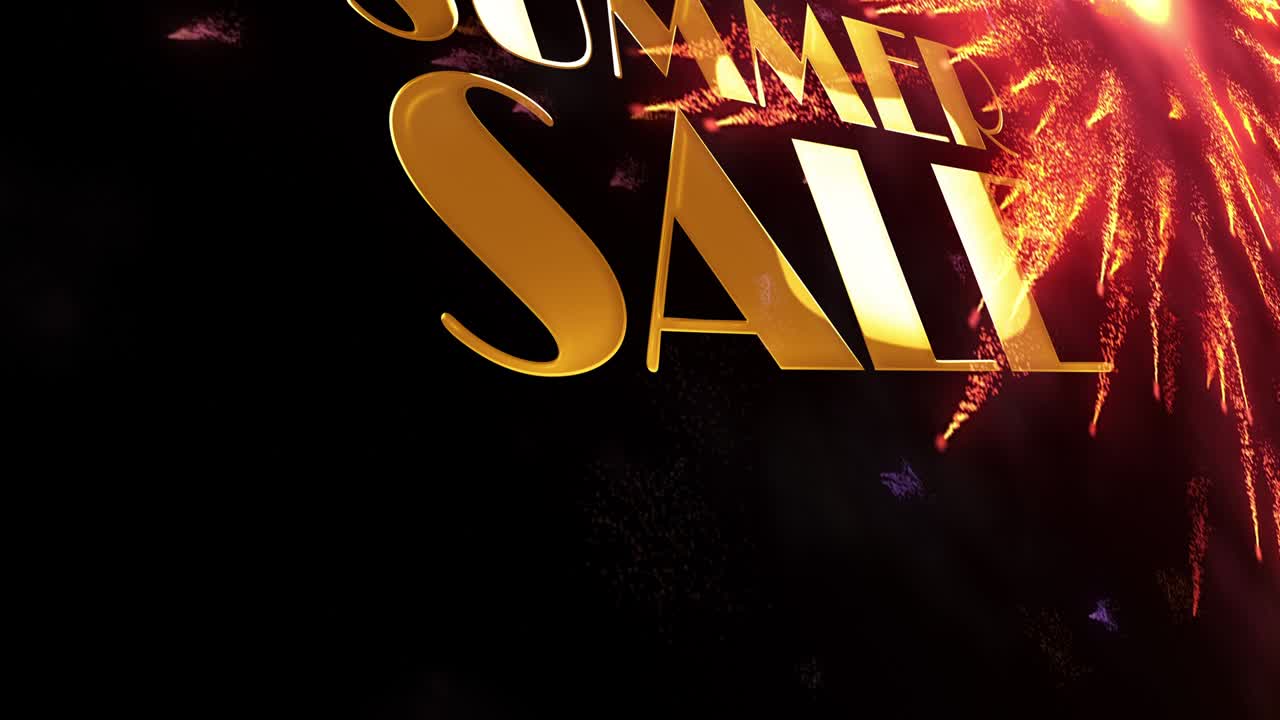 SUMMER SALE gold text with fireworks particles motion graphic effect on black background. 4K 3D seamless loop calligraphy gold text word and colorful spark fireworks for advertising, sale promotion.