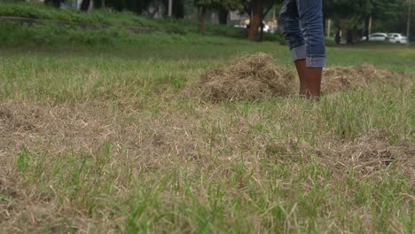 Teenage-boy-trying-to-mow-dead-overgrown-grass-in-a-meadow-with-a-powerful-petrol-string-trimmer---brush-cutter