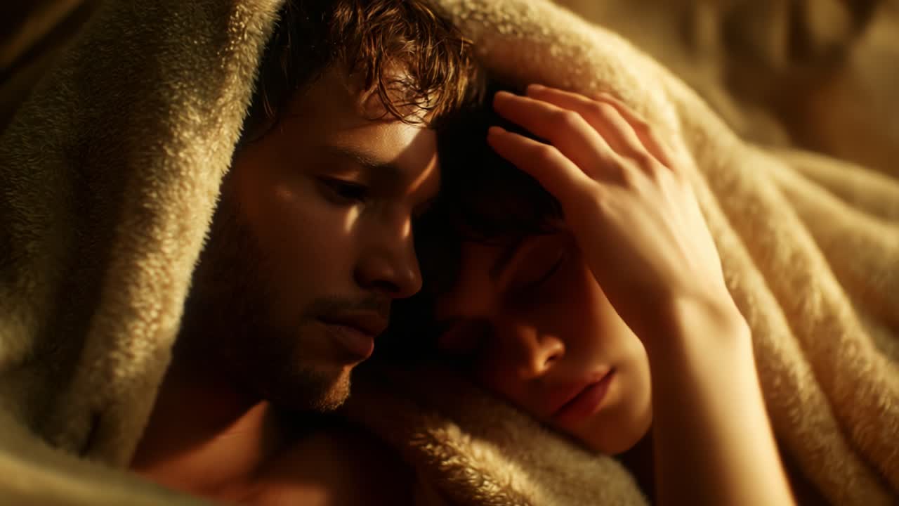 Eine herzliche Umarmung: Ein friedlicher Moment der Intimität zwischen zwei Menschen, eingehüllt in eine weiche Decke, die Liebe und Geborgenheit in einer gemütlichen Umgebung ausstrahlt